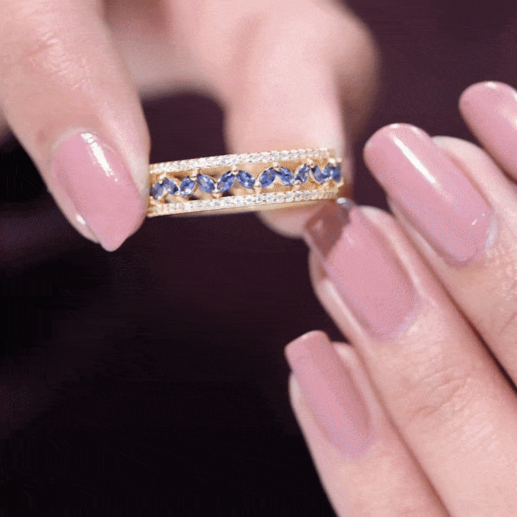 Marquise lab-created blue sapphire and diamond wedding band ring by Rosec Jewels, showcasing elegant gemstone and metal setting.