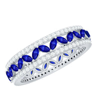 Marquise lab-created blue sapphire and diamond wedding band ring by Rosec Jewels, showcasing sparkling gemstones and elegant design.