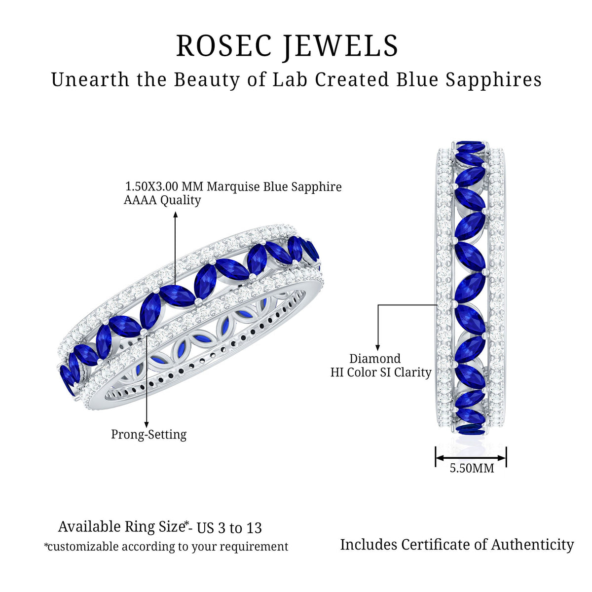 Marquise lab-created blue sapphire and diamond wedding band ring by Rosec Jewels, showcasing sparkling gemstones on a sleek band.