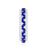 Marquise lab-created blue sapphire and diamond wedding band ring by Rosec Jewels, featuring a detailed view of the ring's design.