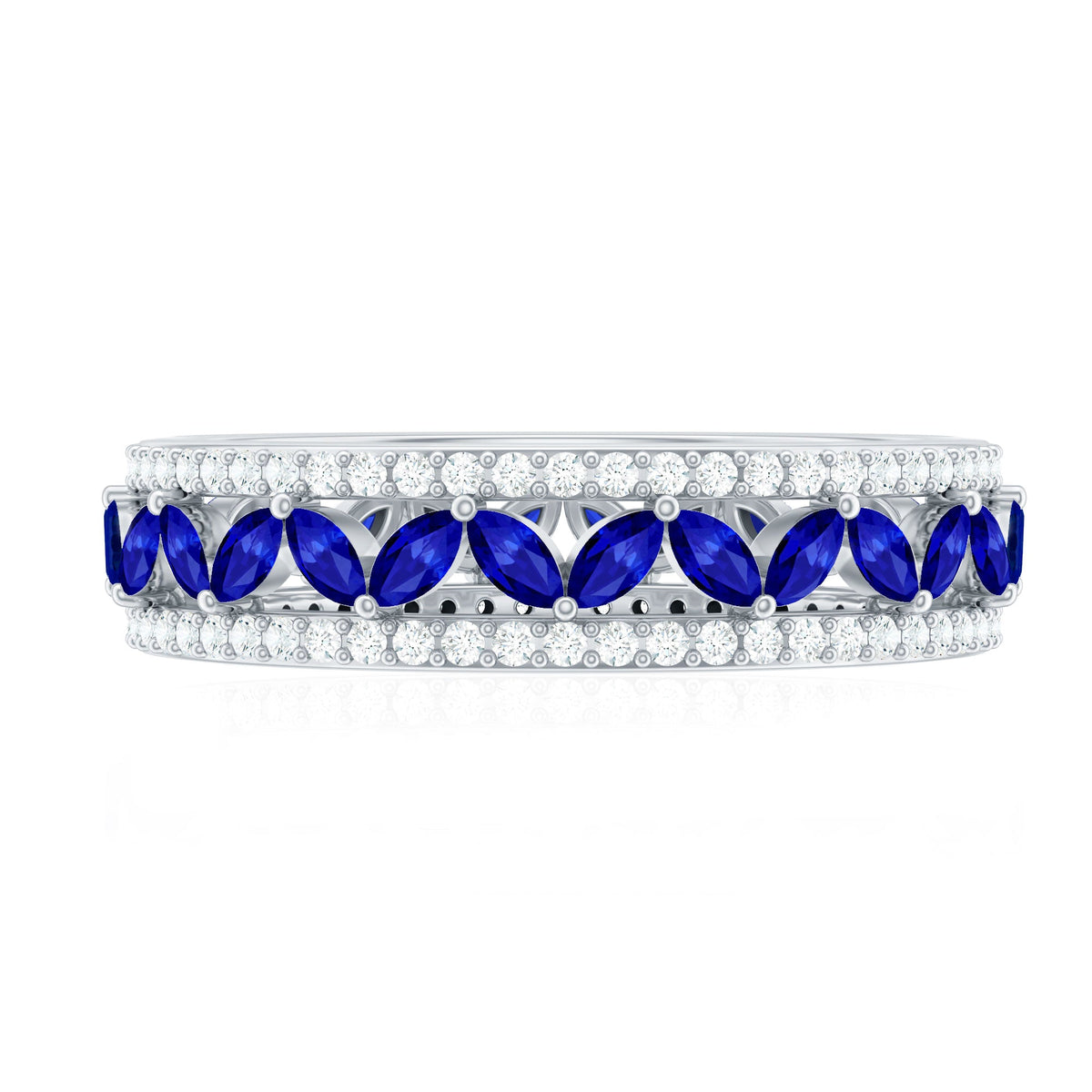 Marquise lab-created blue sapphire and diamond wedding band ring by Rosec Jewels, featuring elegant gemstone accents.