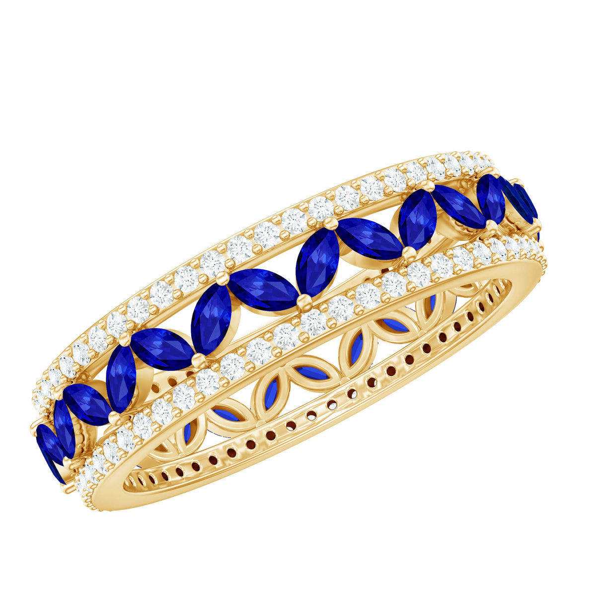 Marquise lab-created blue sapphire and diamond wedding band ring by Rosec Jewels, featuring a sleek gold band with sparkling gemstones.