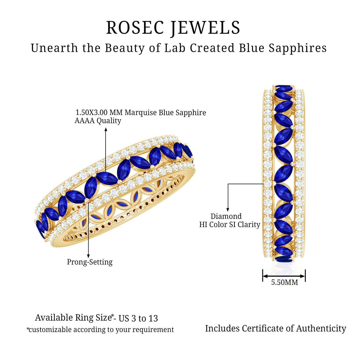 Marquise lab-created blue sapphire and diamond wedding band ring by Rosec Jewels with elegant gemstone accents.