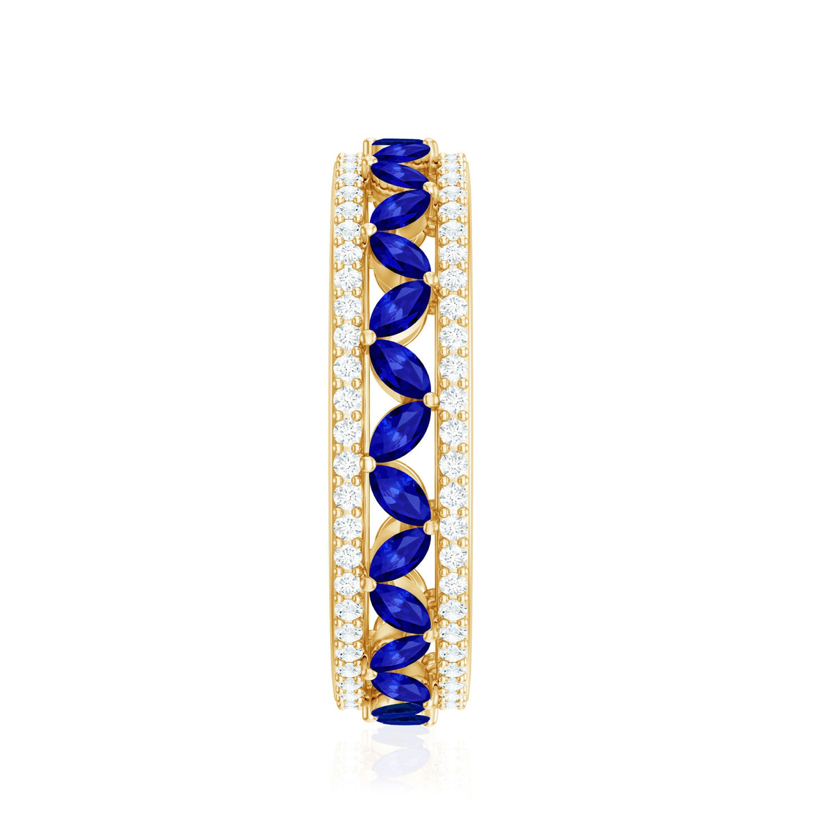 Marquise lab-created blue sapphire and diamond wedding band ring by Rosec Jewels, showcasing a elegant design with sparkling stones.