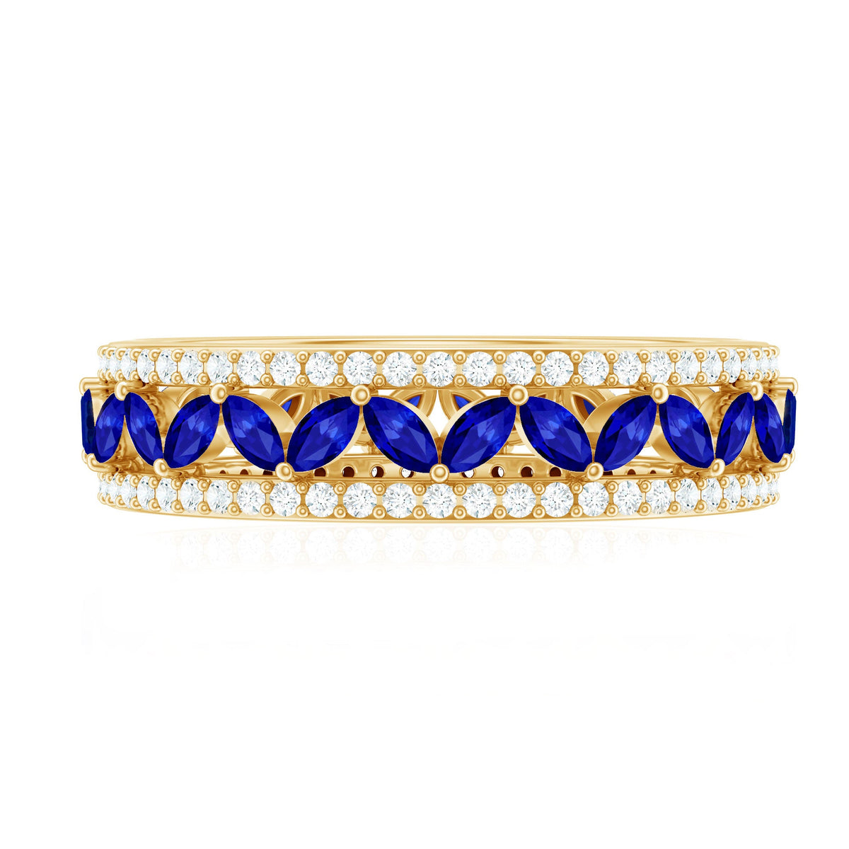 Marquise blue sapphire and diamond wedding band ring by Rosec Jewels with alternating gemstones and intricate band design.