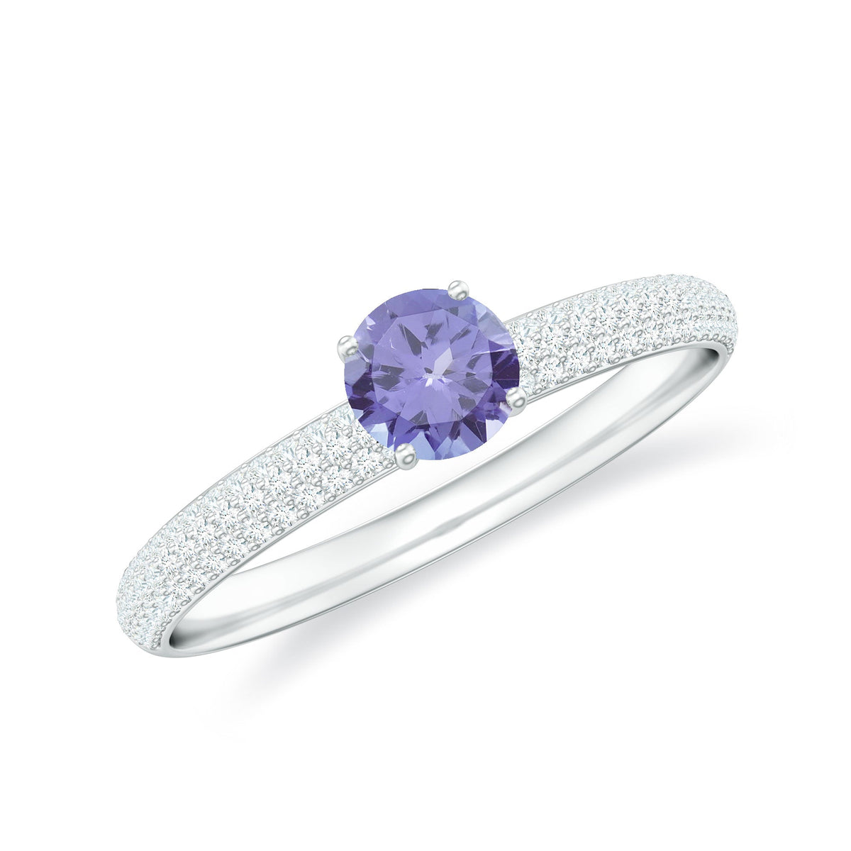 Natural Tanzanite engagement ring with pave diamond side stones, featuring a elegant design and detailed craftsmanship from Rosec Jewels.