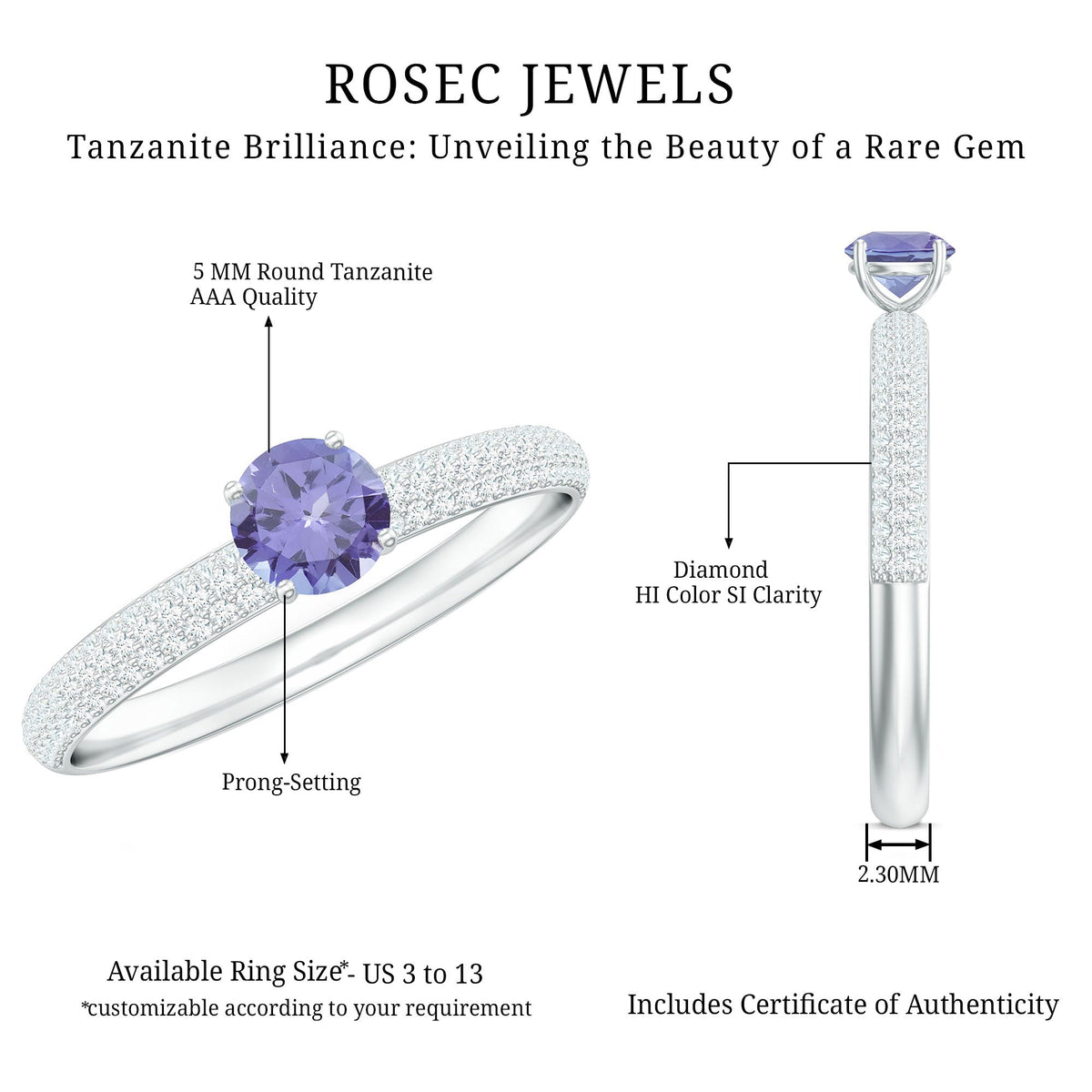 Natural Tanzanite engagement ring with pave diamond side stones, featuring a silver band and intricate detailing.