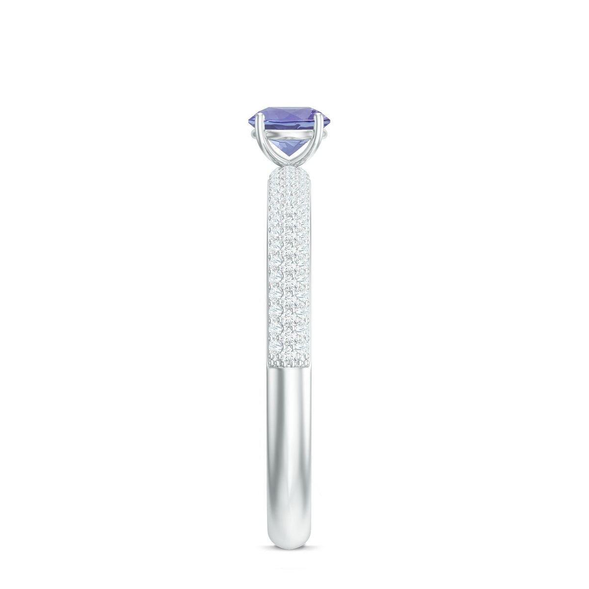Natural Tanzanite engagement ring by Rosec Jewels featuring pave diamond side stones and a sleek band design.