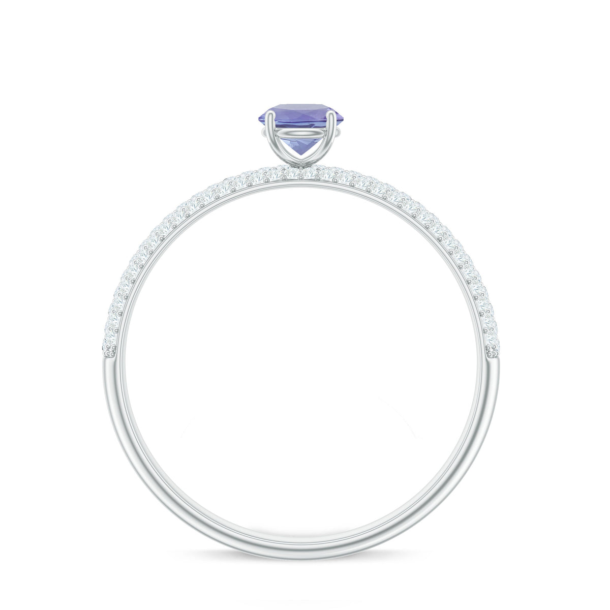 Natural Tanzanite engagement ring with pave diamond side stones, featuring a silver band and intricate detailing from Rosec Jewels.