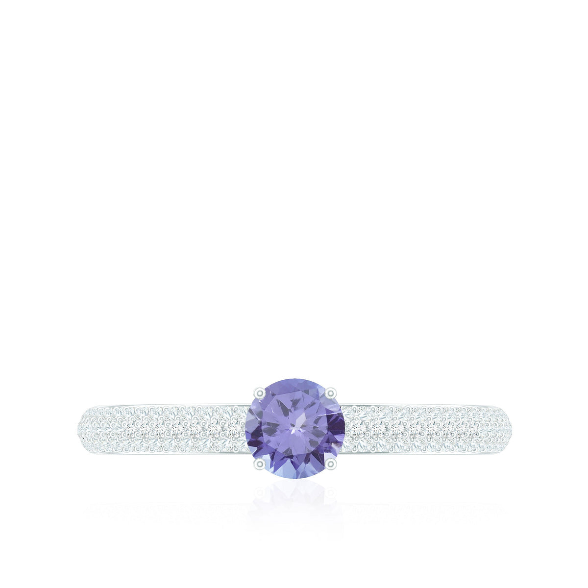 Natural Tanzanite engagement ring with pave diamond side stones, featuring a silver band, from Rosec Jewels.