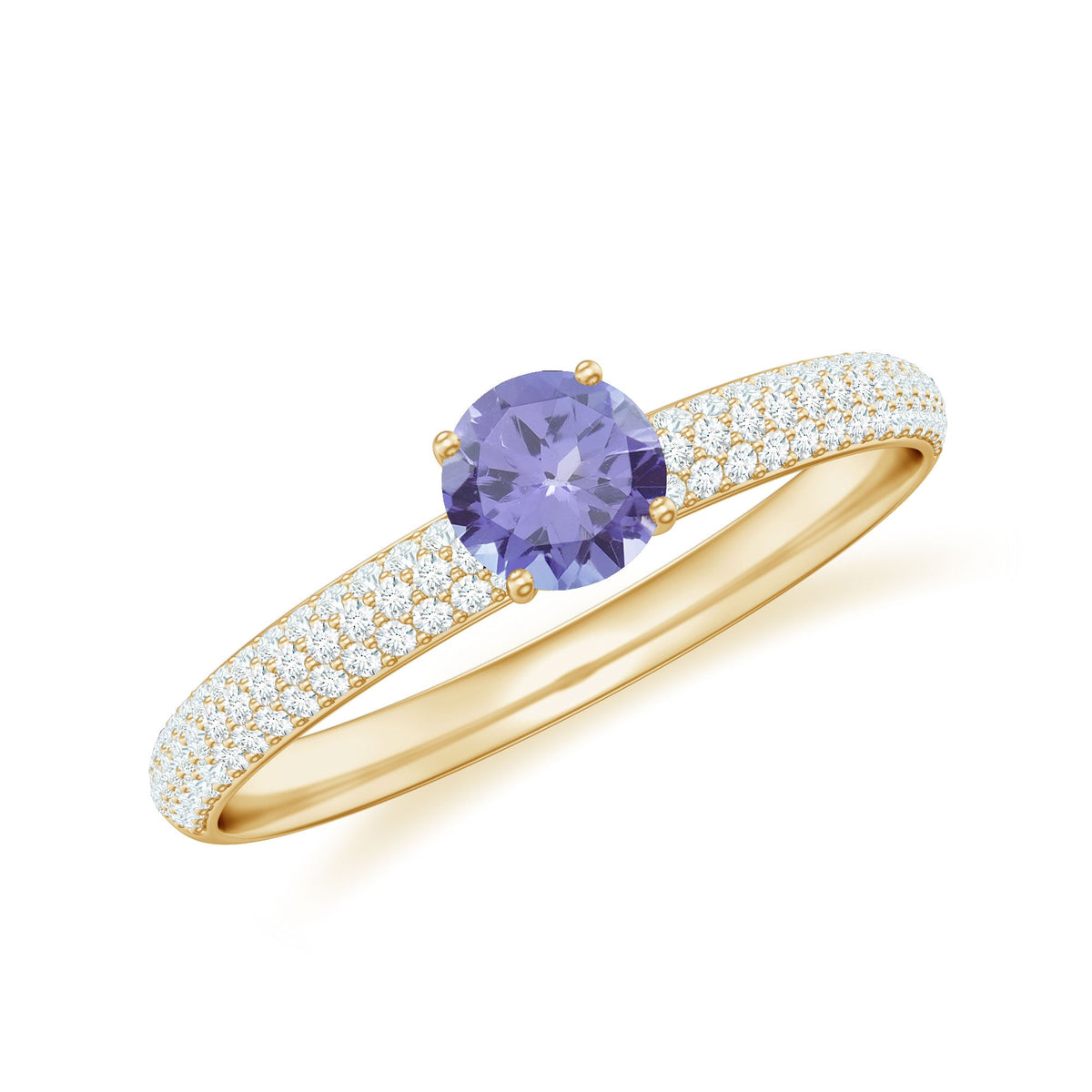 Natural Tanzanite engagement ring by Rosec Jewels with pave diamond side stones and intricate metal band design.