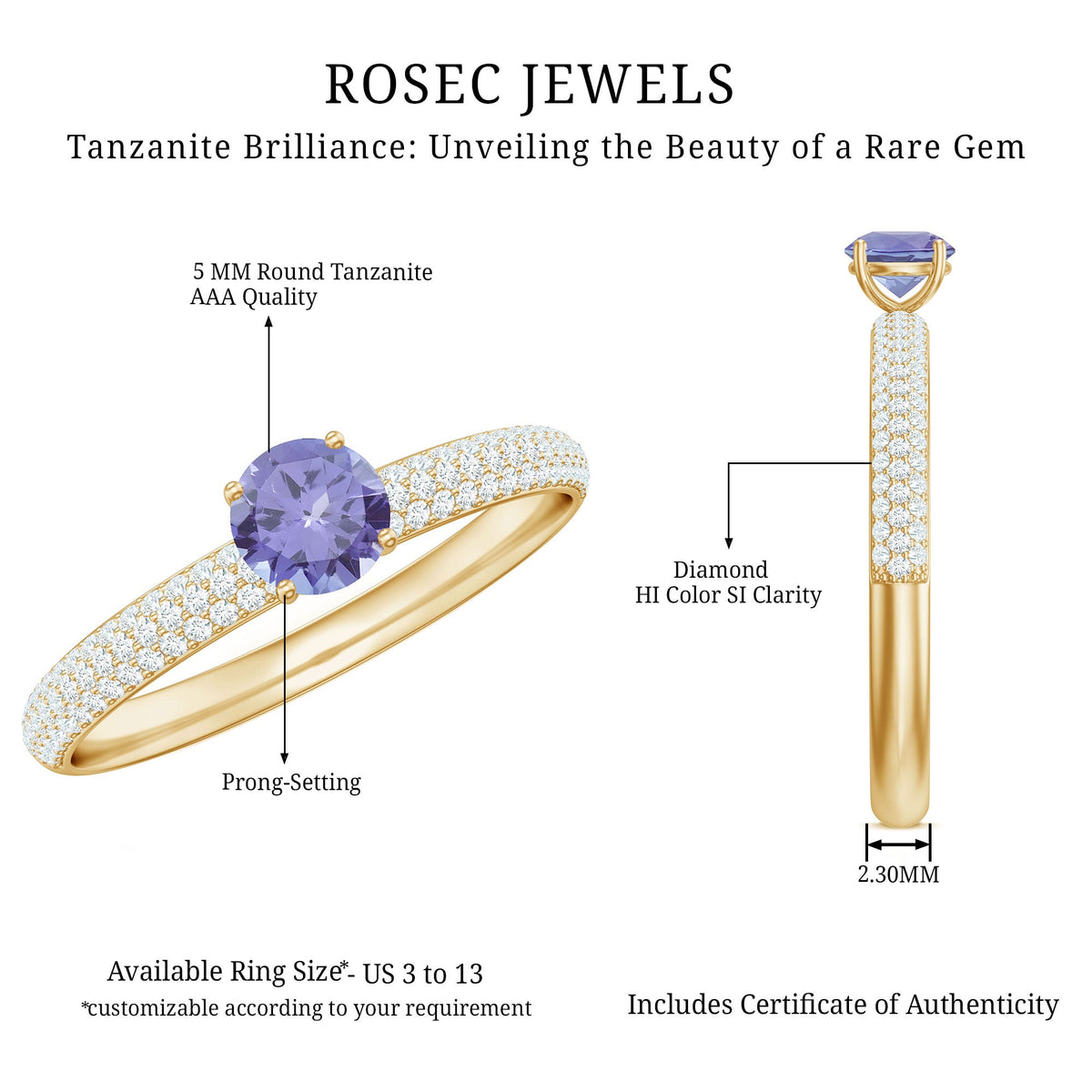Natural Tanzanite engagement ring with pave diamond side stones, featuring a rose gold band and intricate detailing.