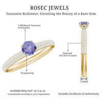 Natural Tanzanite engagement ring with pave diamond side stones, featuring a rose gold band and intricate detailing.