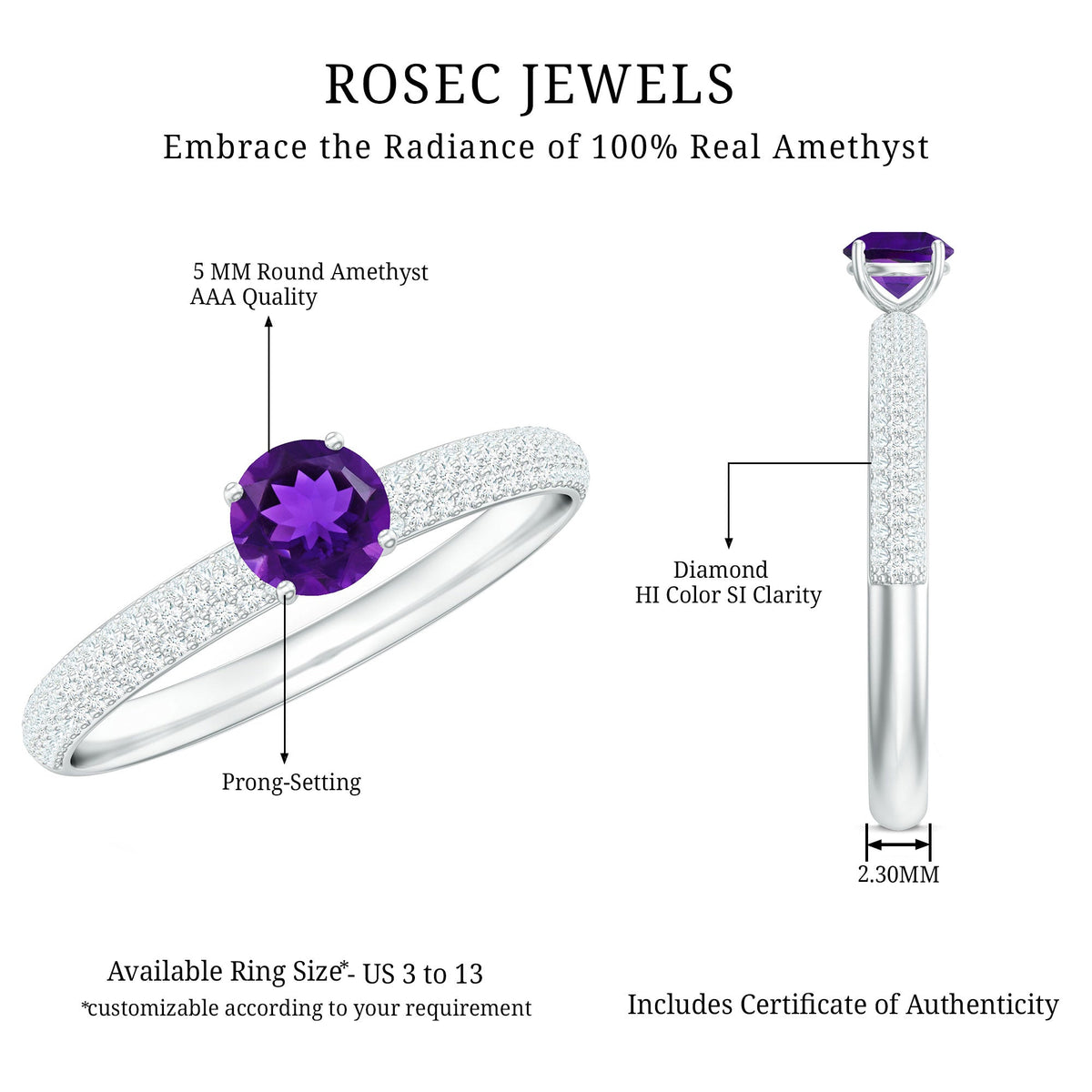 Natural amethyst engagement ring with diamond accents for women, featuring a Rosec Jewels ring design.