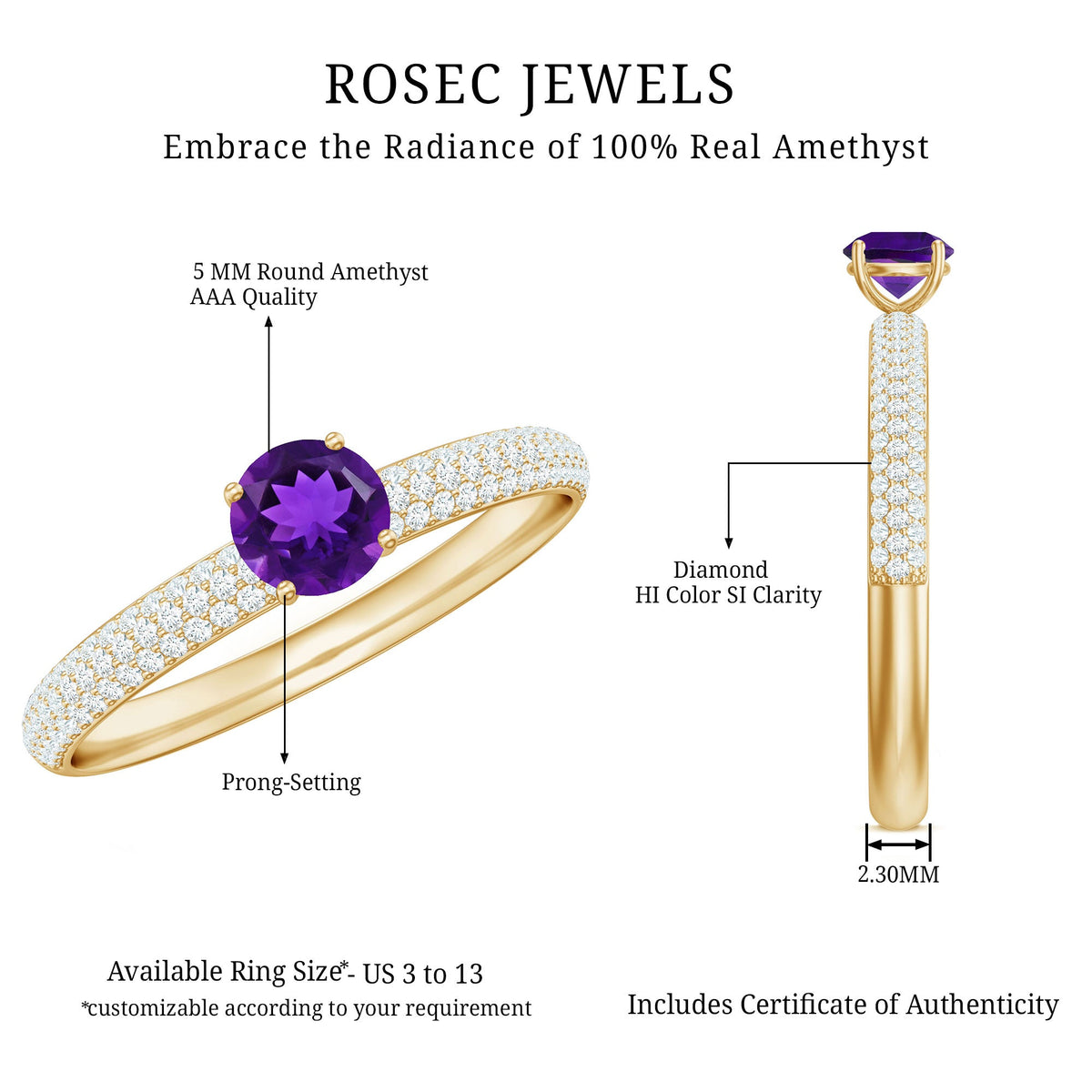 Natural amethyst engagement ring with diamond accents for women, featuring a Rosec Jewels ring design.