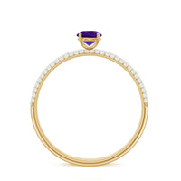 Natural amethyst engagement ring with diamond accents, showcasing a rose gold band and intricate detailing by Rosec Jewels.