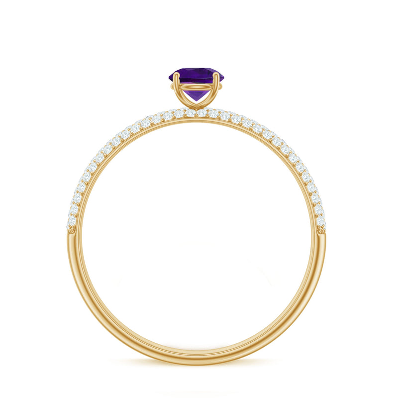 Natural amethyst engagement ring with diamond accents, showcasing a rose gold band and intricate detailing by Rosec Jewels.