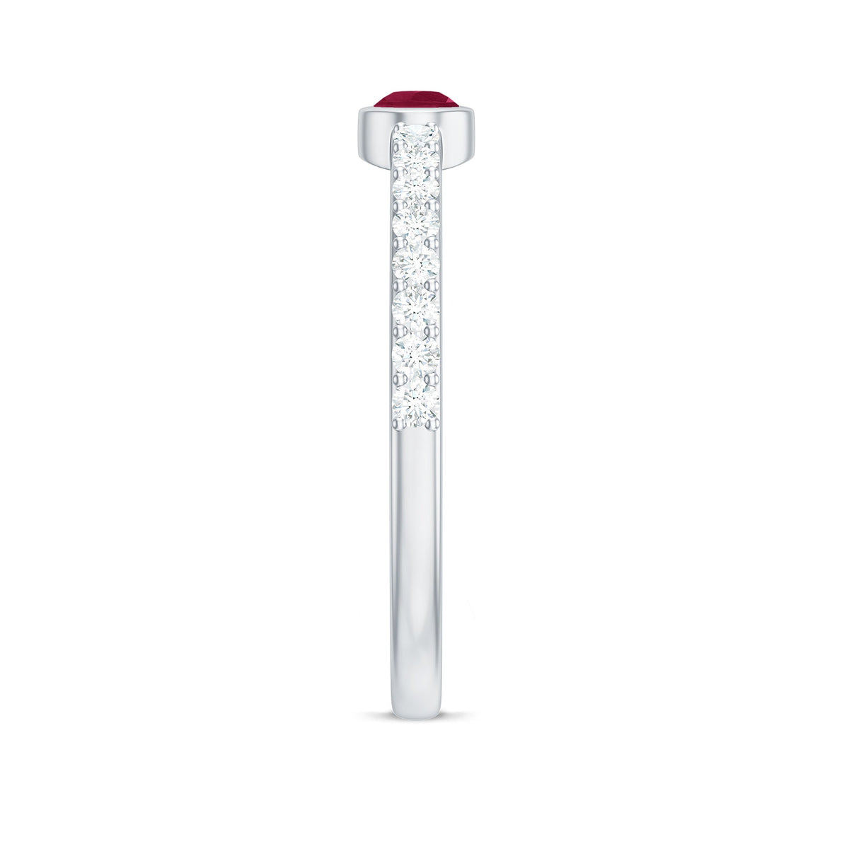 Pear-shaped ruby promise ring with diamonds from Rosec Jewels, showcasing a beautiful East West style ring design.
