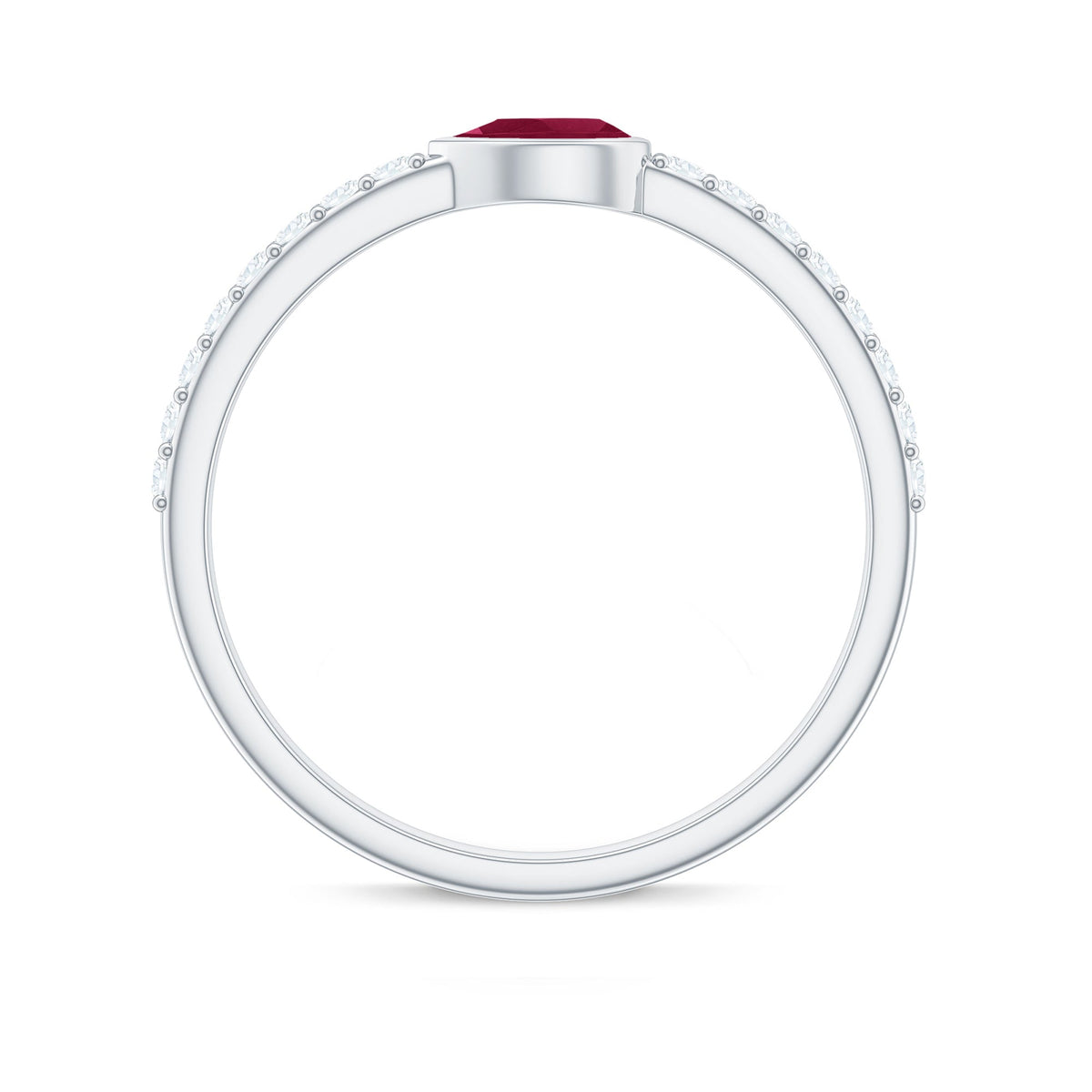 Pear-shaped ruby promise ring with diamond accents from Rosec Jewels, featuring a sleek East West style design.