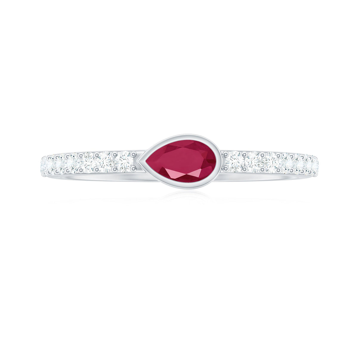Pear-shaped ruby promise ring with diamond accents from Rosec Jewels, showcasing the elegant gemstone design.