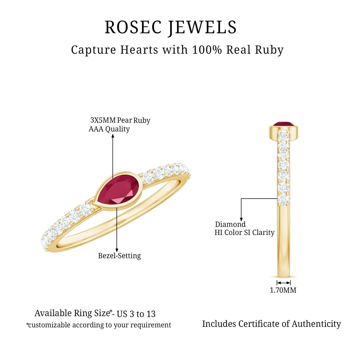 Pear-shaped ruby promise ring with diamond accents from Rosec Jewels, showcasing the elegant East West style ring design.