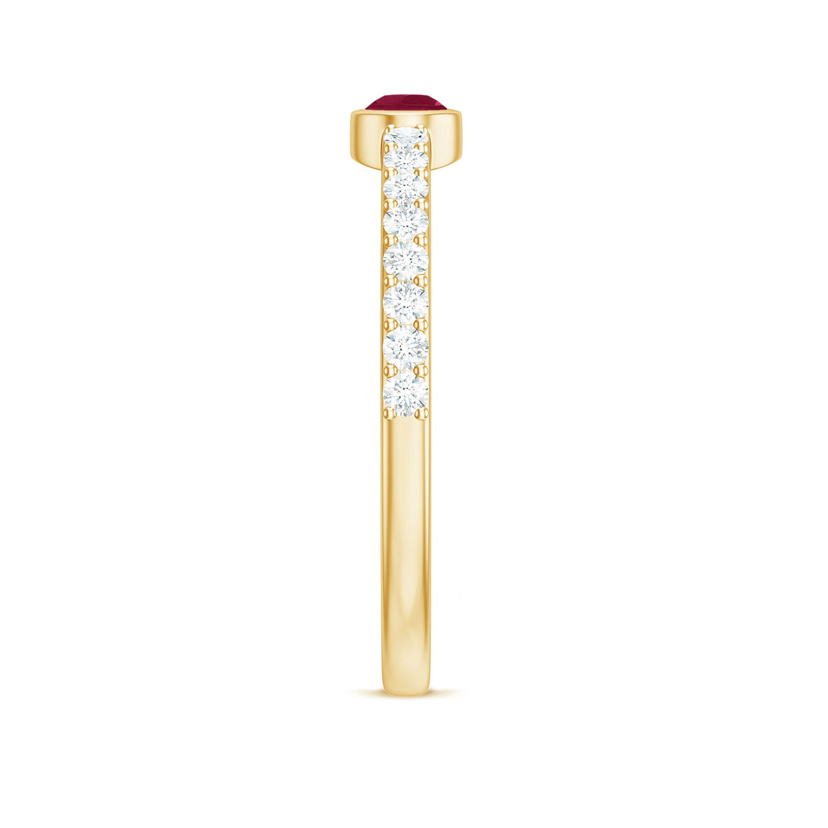 Pear-shaped ruby promise ring with diamond accents from Rosec Jewels, showcasing a stunning East West style design.