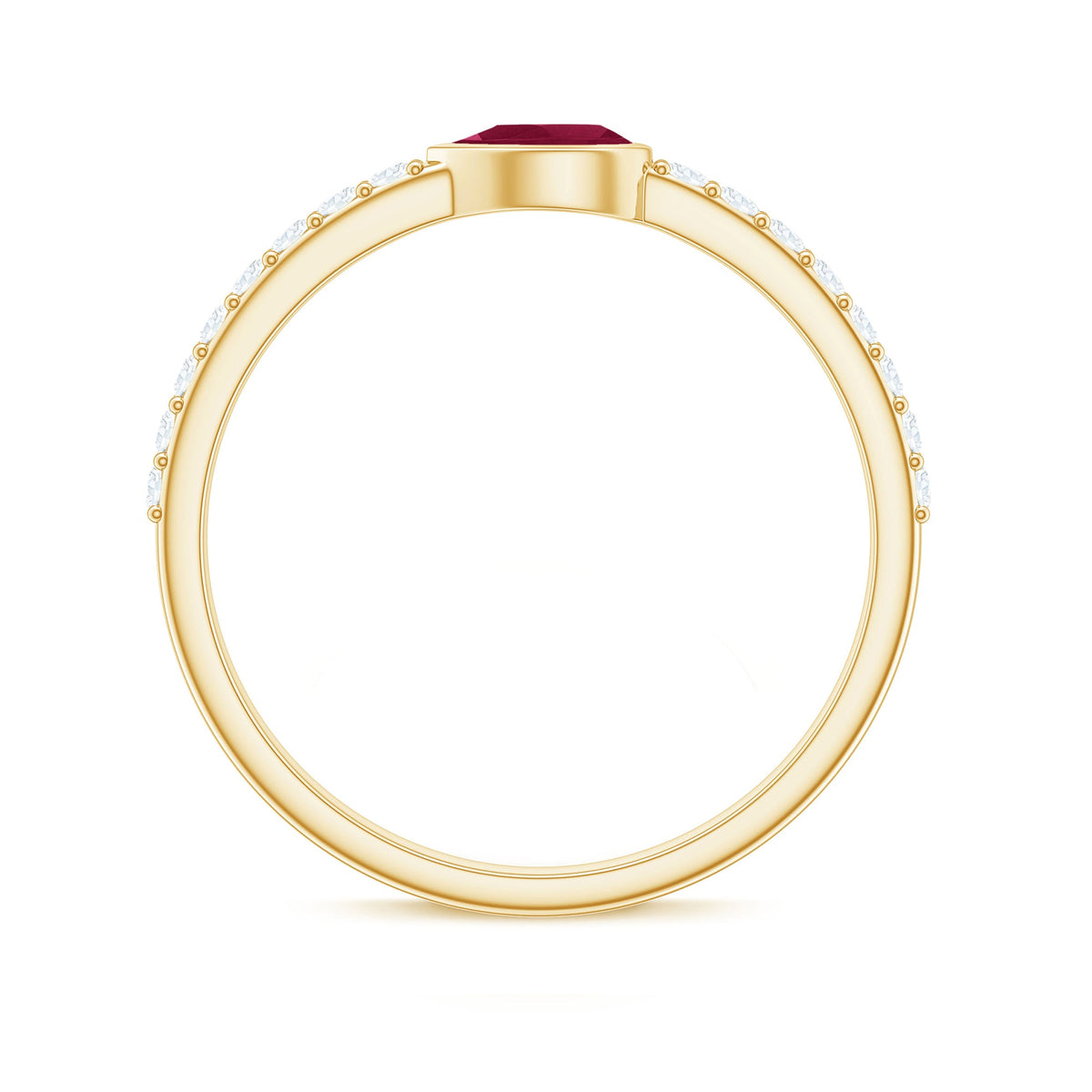 East West style pear-shaped ruby promise ring with diamond accents from Rosec Jewels, showcasing the elegant ring design.