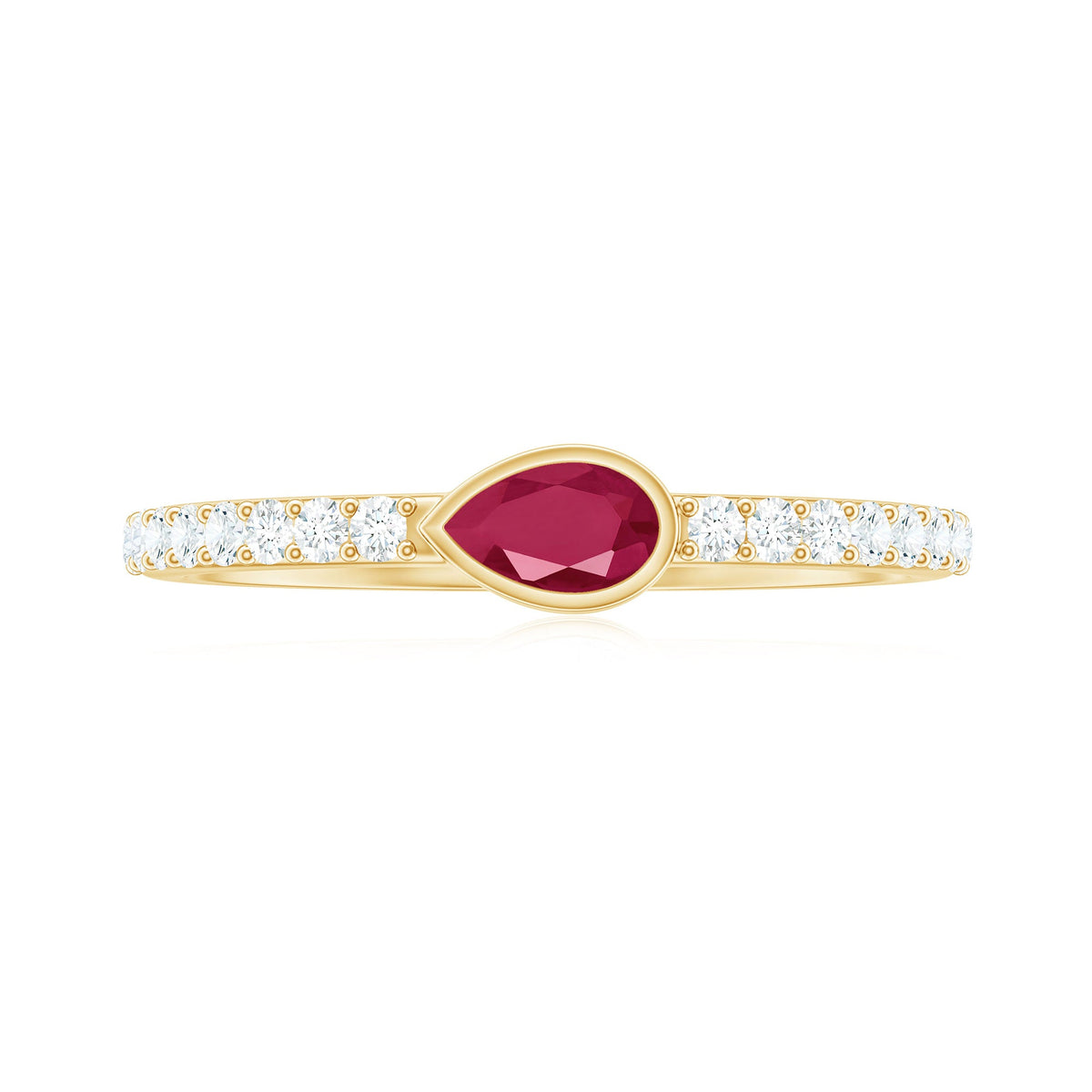 Pear-shaped ruby promise ring with diamond accents from Rosec Jewels, showcasing a detailed East West style design.
