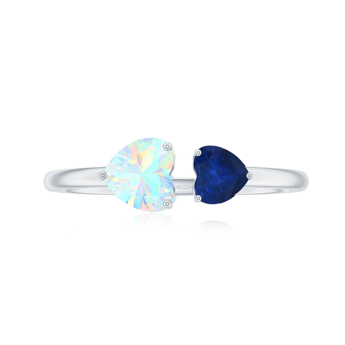 Natural heart-shaped Ethiopian Opal and blue sapphire promise ring with silver band, featuring two-stone design, by Rosec Jewels.