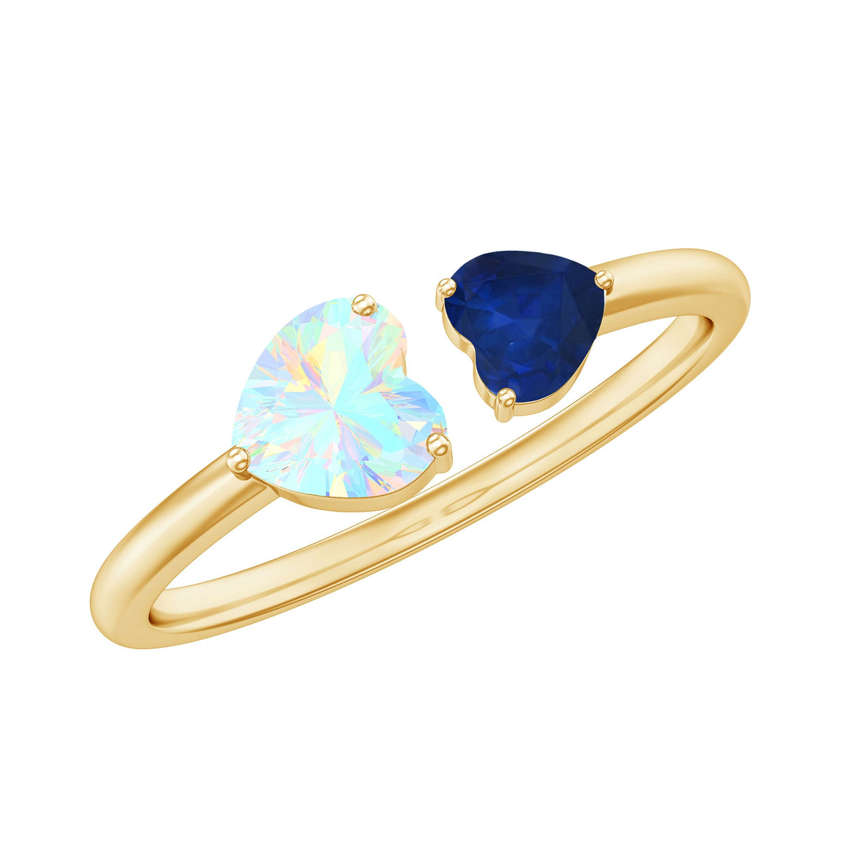 Natural heart-shaped Ethiopian opal and blue sapphire promise ring featuring two stones set in a rose gold band.