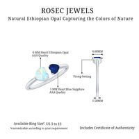Natural heart-shaped Ethiopian Opal and blue sapphire promise ring featuring two stones, crafted by Rosec Jewels.