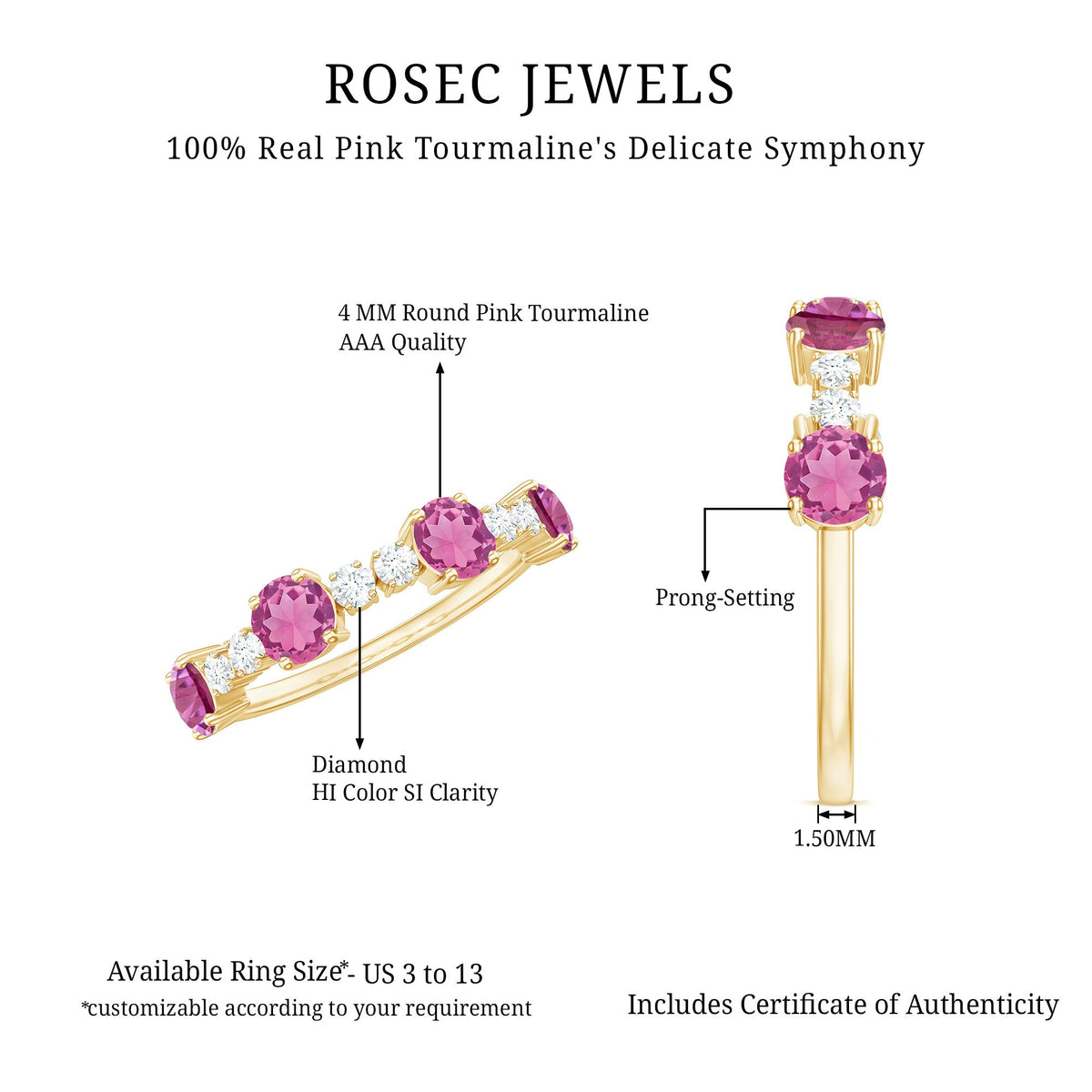 Alternate Semi Eternity Ring with Pink Tourmaline and Diamond