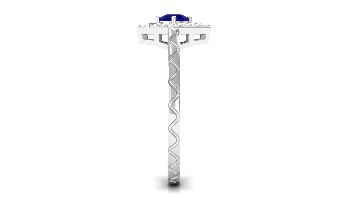 Rosec Jewels 3/4 CT blue sapphire and diamond ring with textured details, showcasing a delicate and elegant jewelry design.
