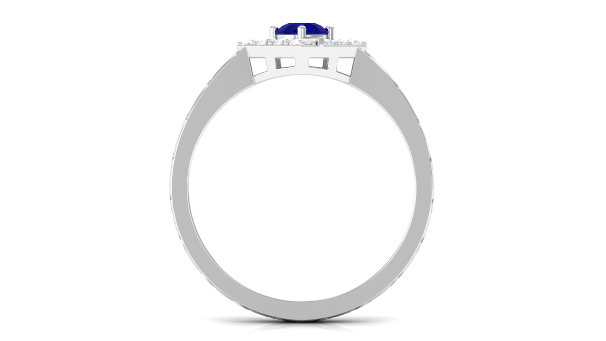 Rosec Jewels 3/4 CT blue sapphire and diamond ring with textured details, showcasing elegant gemstone setting and intricate design.