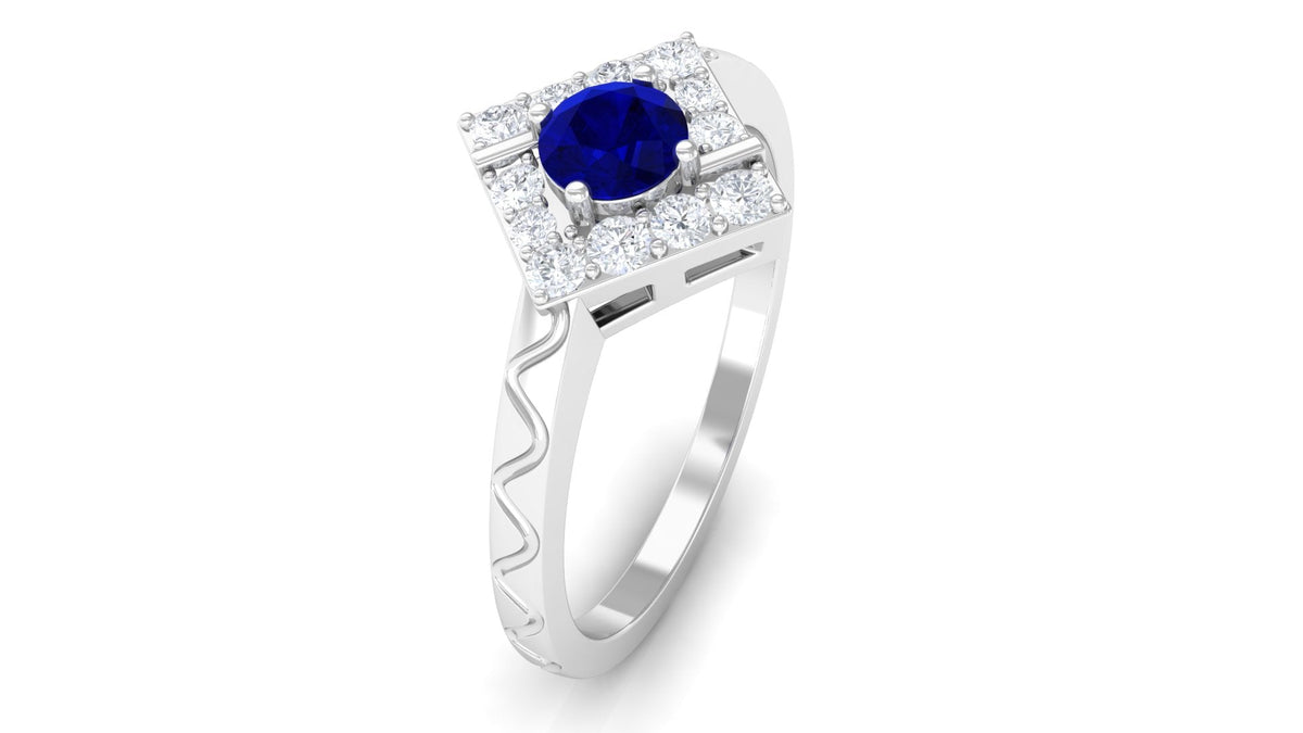 Rosec Jewels 3/4 ct blue sapphire and diamond ring with textured details, showcasing a elegant design and sparkling stones.