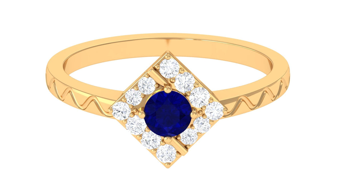 Rosec Jewels 3/4 CT blue sapphire and diamond ring with textured details, showcasing a elegant and intricate design in sterling silver.