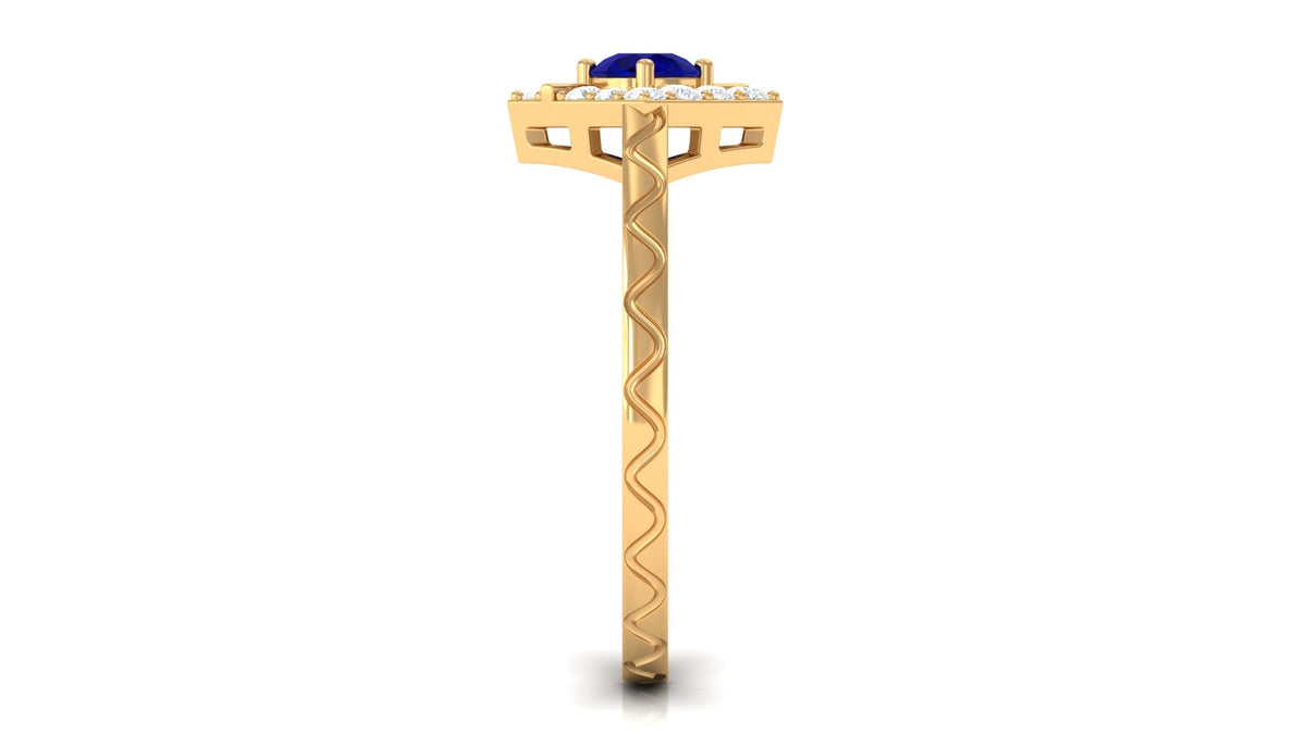 Rosec Jewels 3/4 CT blue sapphire and diamond ring with textured details, showcasing the elegant band and sparkling gemstones.