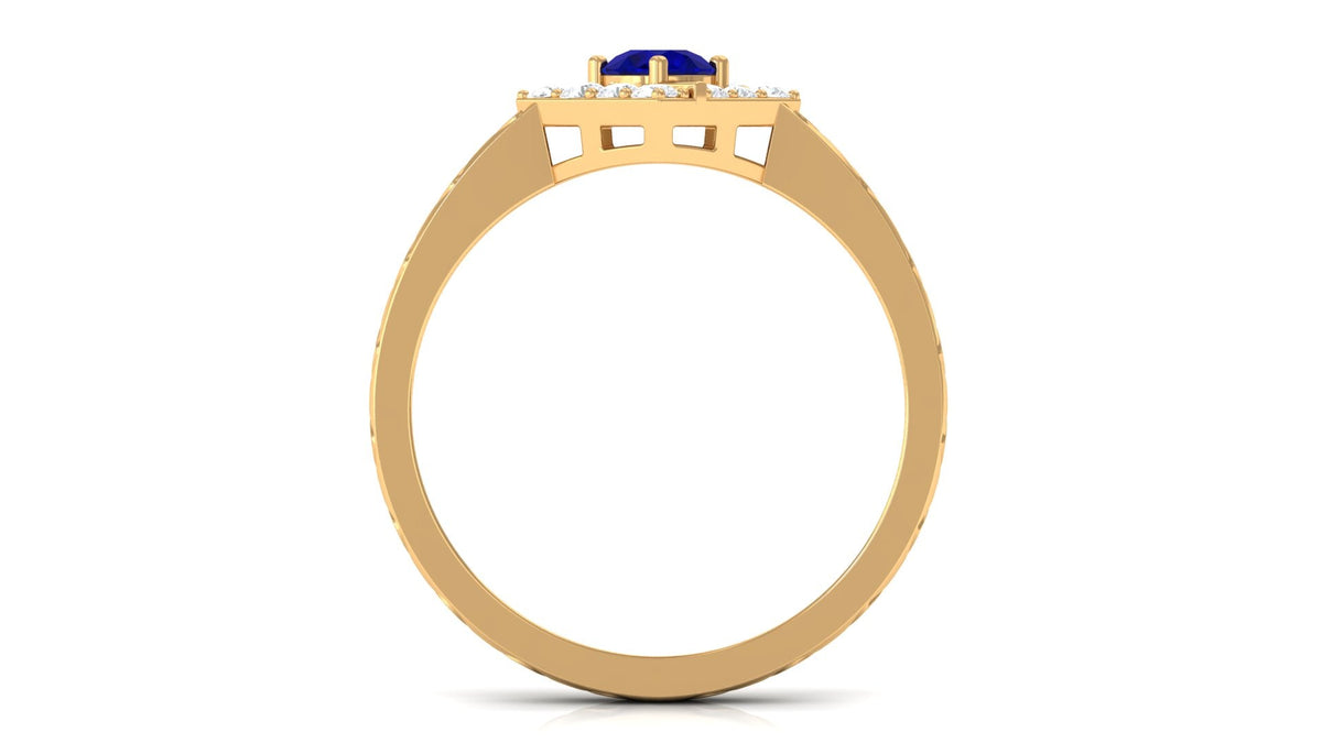 Rosec Jewels 3/4 ct blue sapphire and diamond ring with textured details, showcasing elegant gemstone setting and intricate band design.