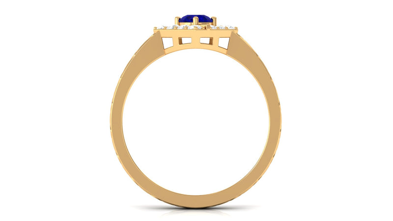 Rosec Jewels 3/4 ct blue sapphire and diamond ring with textured details, showcasing elegant gemstone setting and intricate band design.