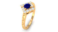 Rosec Jewels 3/4 CT blue sapphire and diamond ring with textured band, showcasing elegant design and sparkling gemstones.