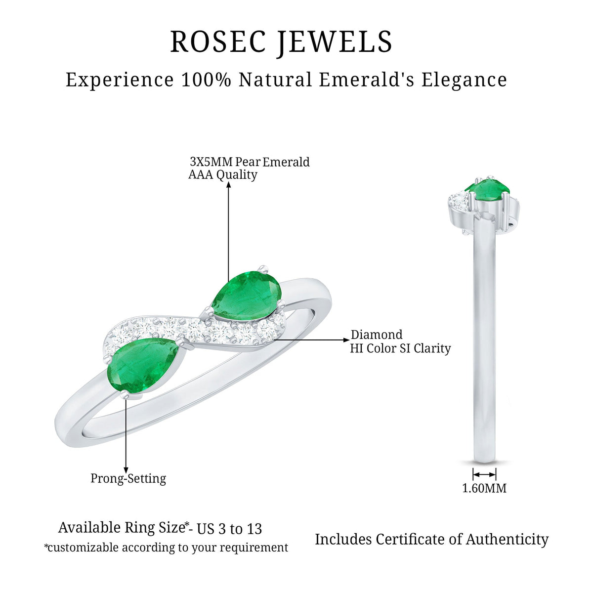 Natural Pear Emerald and Diamond Infinity Promise Ring by Rosec Jewels, showcasing a elegant ring with pear-shaped emeralds and sparkling diamonds.