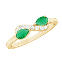 Natural Pear Emerald and Diamond Infinity Promise Ring by Rosec Jewels, showcasing a silver band with pear-shaped emerald and sparkling diamonds.