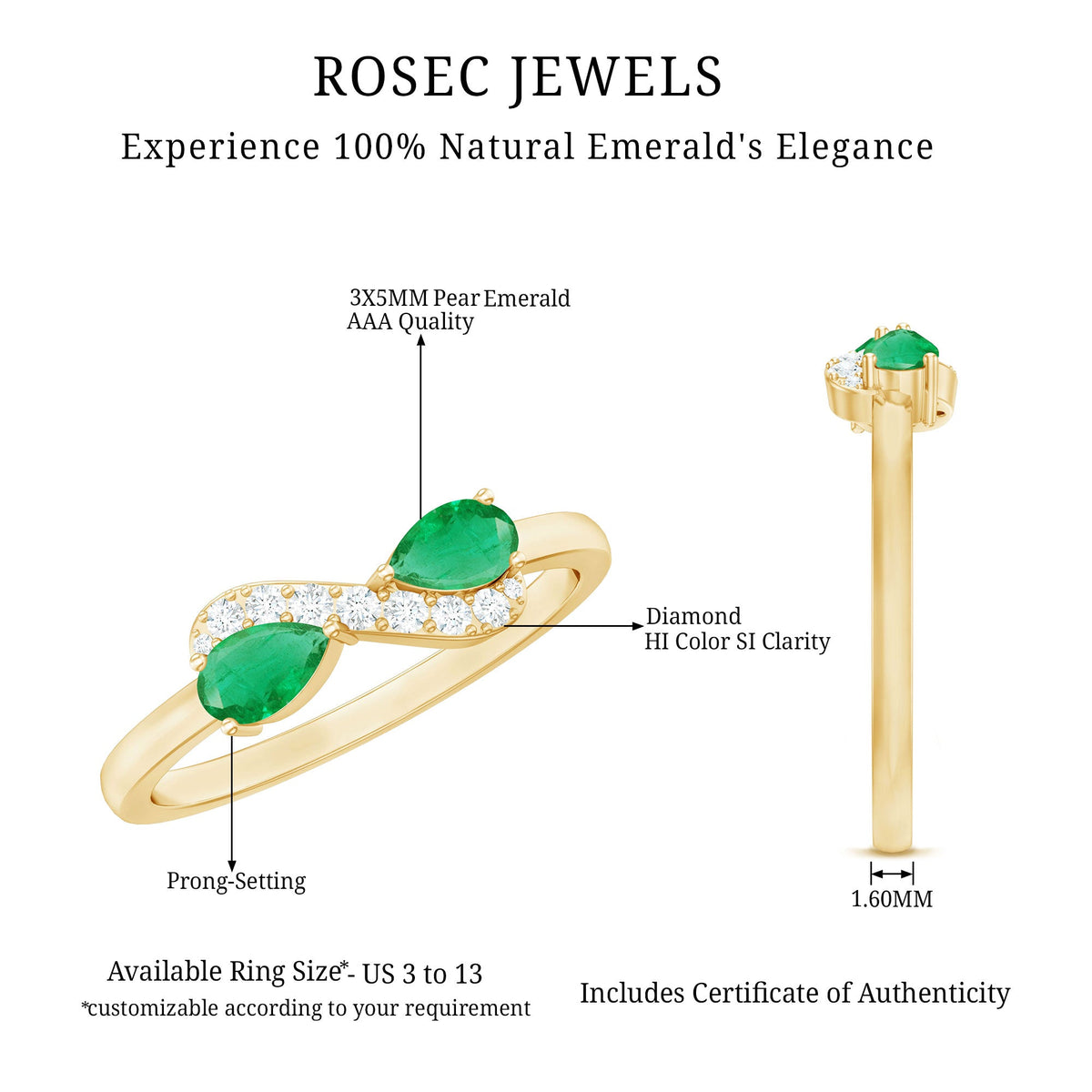 Natural Pear Emerald and Diamond Infinity Promise Ring by Rosec Jewels, showcasing a delicate band with pear-shaped emerald and sparkling diamonds.