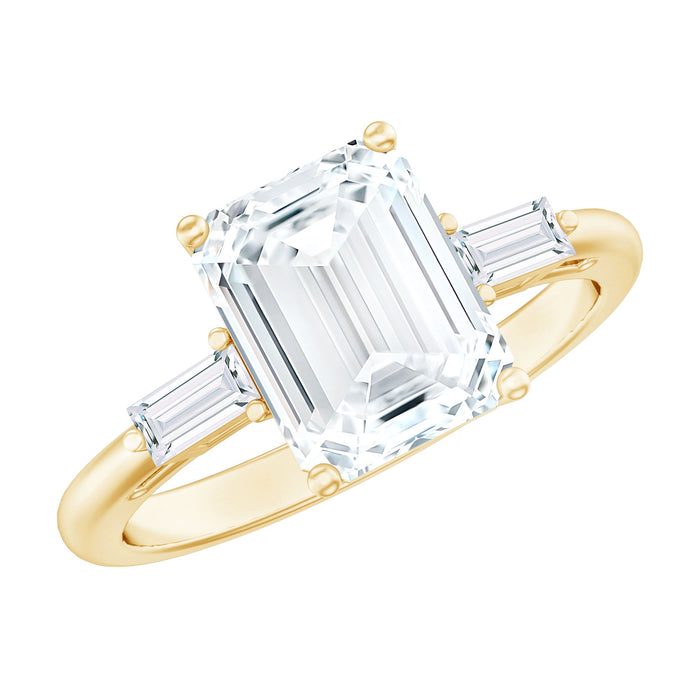 Elegant solitaire moissanite emerald cut engagement ring by Rosec Jewels with certificate, showcasing a sparkling center stone and sleek band.