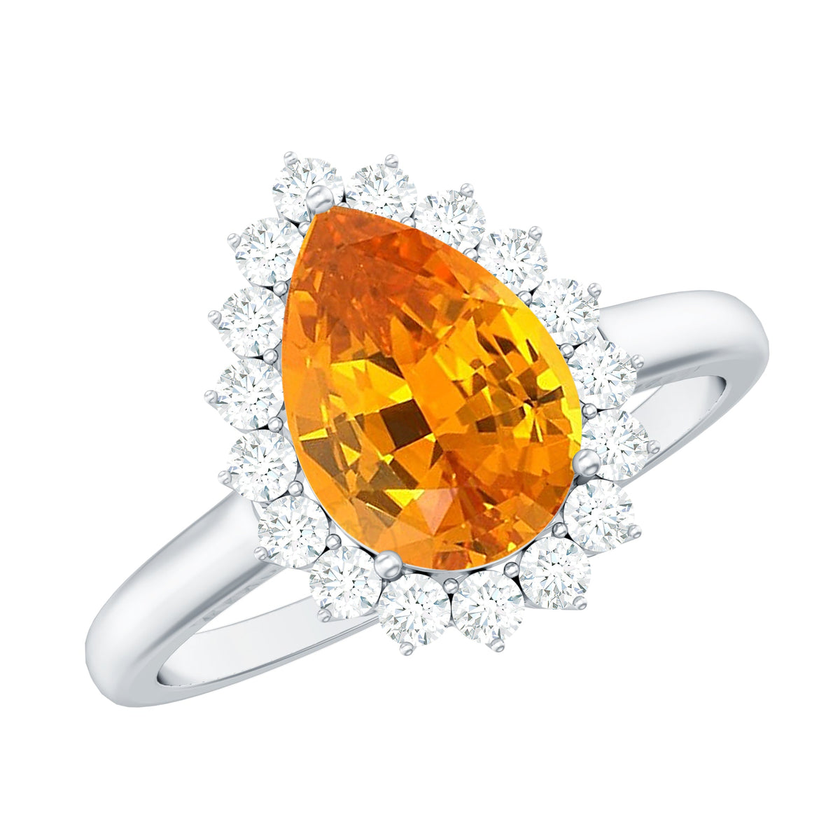 2.5 Carat Lab Grown Orange Sapphire Teardrop Engagement Ring with Diamond Halo