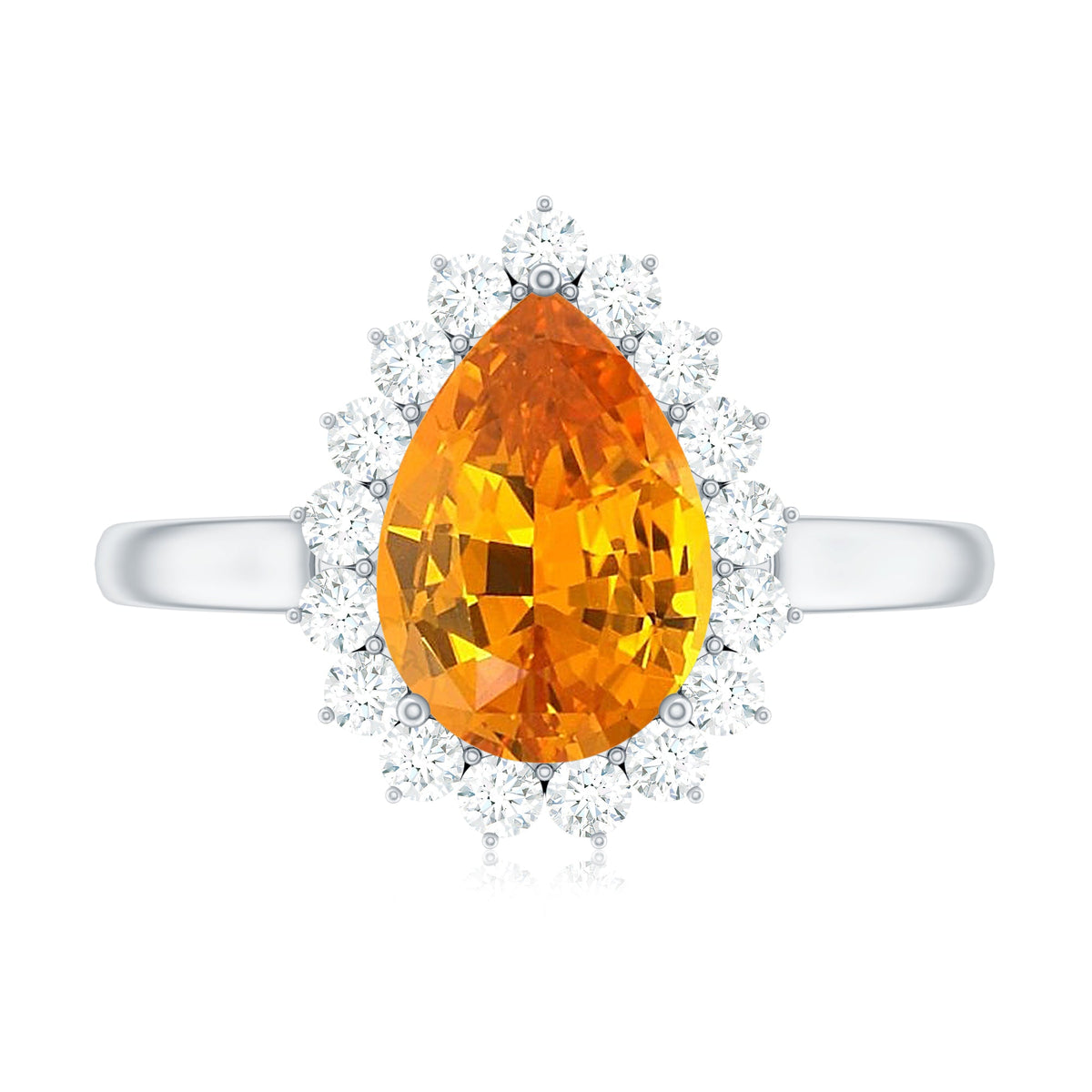 2.5 Carat Lab Grown Orange Sapphire Teardrop Engagement Ring with Diamond Halo