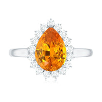 2.5 Carat Lab Grown Orange Sapphire Teardrop Engagement Ring with Diamond Halo