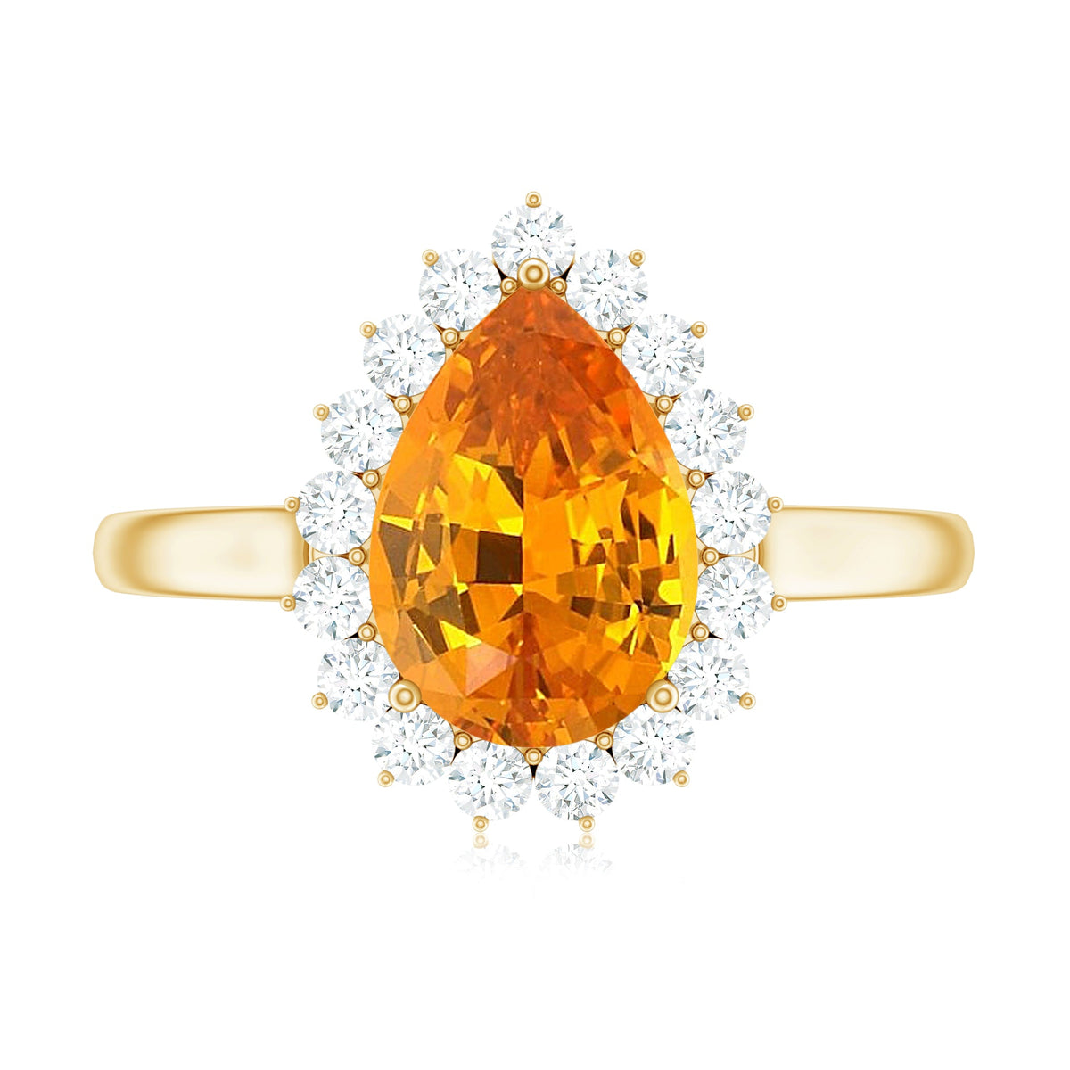 2.5 Carat Lab Grown Orange Sapphire Teardrop Engagement Ring with Diamond Halo