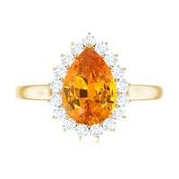 2.5 Carat Lab Grown Orange Sapphire Teardrop Engagement Ring with Diamond Halo