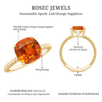 Certified 2.75 Carat Lab Grown Orange Sapphire Cushion Cut Engagement Ring with Diamond